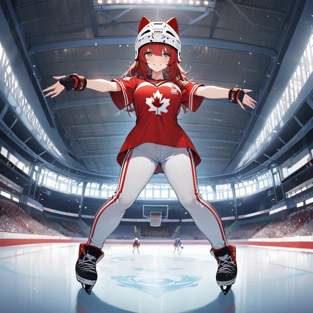 Woman wearing a red shirt with the symbol of the Canadian flag, white pants, long red hair, silver eyes, smiling, full breasts, bangs over her eyes, wearing a red ice hockey uniform, wearing an ice hockey bracelet, hockey helmet on the ice, white pants, in an ice hockey stadium, full body, standing posture on the ice rink, ultra resolution, clear, masterpiece, 8K HD (woman solo)