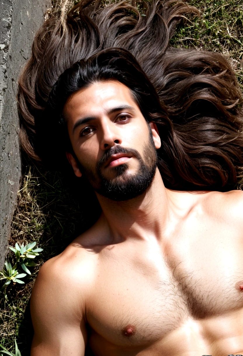 A man with long hair and beard lying on the ground, icaro carvalho, caio santos, david rios ferreira, avatar image, Andrea Rocha, edu souza, professional profile photo, portait photo profile picture, sem beard, about 3 , headshot profile picture.