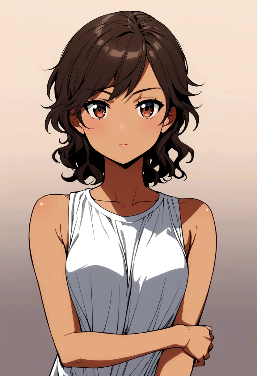 Anime girl,tomboy,light tan,short hair,wavy hair,sleevless shirt naked sexy