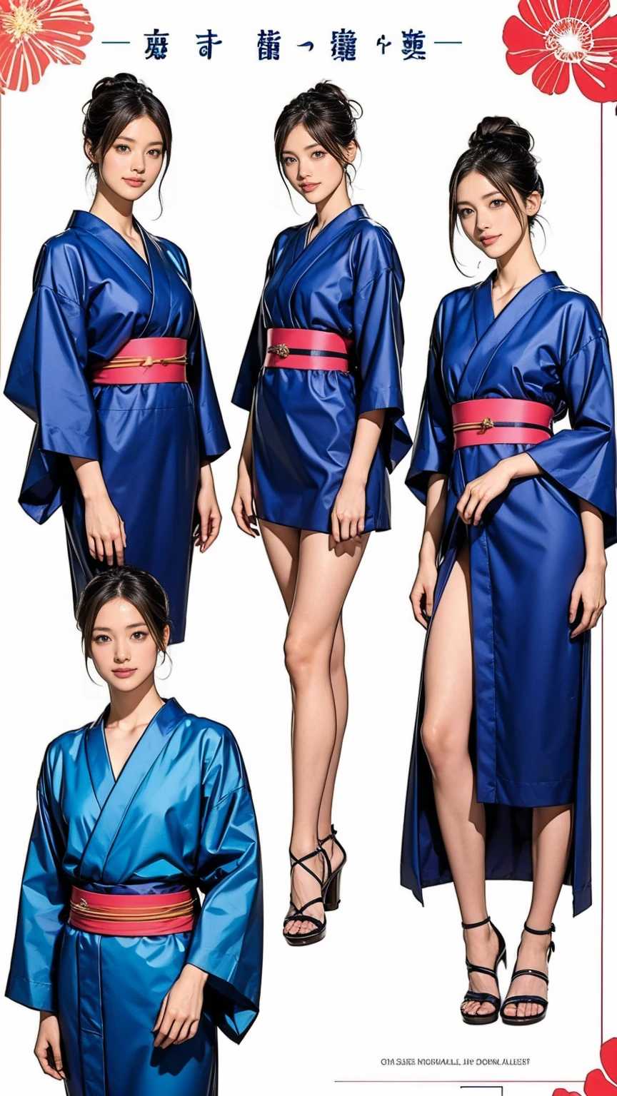((masterpiece)),(((Highest quality))),((Character design sheet)),Long legs,A Japanese yukata with a flashy pattern that combines light blue and navy blue:1.5，Stylish sandals:1.5，The best smile:1.5，Upper Body Shot:1.5，Night fireworks background:1.5，Flashy makeup with red eyeshadow:1.5，Bun Hair:1.5，