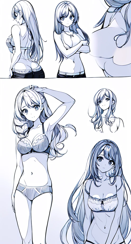 four pictures with different expressions in the same drawing style each shows one woman and two other girls, a few cartoon images of the same female character that i'm not sure what this is, a young girl touching her stomach and her breasts, a collection of sketches of several women, two pages show a woman in underwear next to another girl wearing a thongy panties