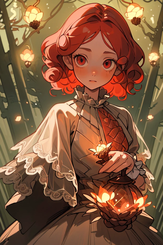 Best quality at best，tmasterpiece），1girll，Flashing fireflies，White lace dress，Rococo，The upper part of the body，forest backgrou，looking at viewert，Girl with red curly hair，flickering eyes，Take the pine cone，