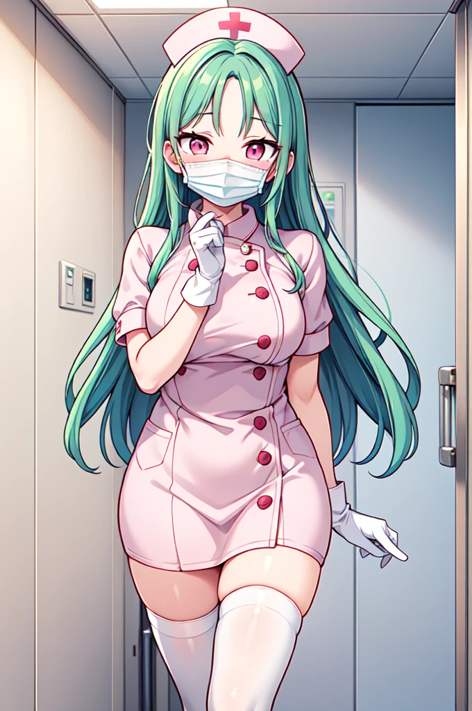 1woman, solo, nurse, white nurse cap, white nurse uniform, ((white legwear, zettai ryouiki)), white gloves, forehead, long hair, green hair, pink eyes, ((white surgical mask, covered nose)), standing, ((hospital room)), sharp outline, short sleeves, mature female, 35 years old, best quality, masterpiece