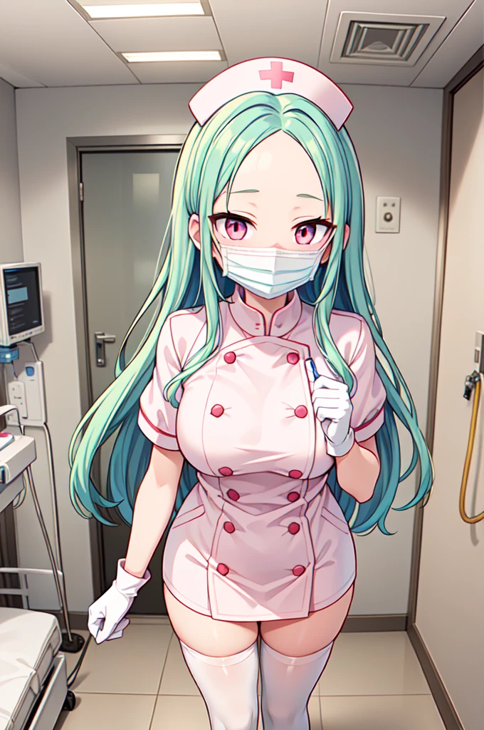 1woman, solo, nurse, white nurse cap, white nurse uniform, ((white legwear, zettai ryouiki)), white gloves, forehead, long hair, green hair, pink eyes, ((white surgical mask, covered nose)), standing, ((hospital room)), sharp outline, short sleeves, mature female, 35 years old, best quality, masterpiece
