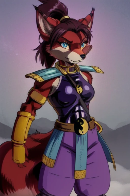 Ninjara_TMNT, fox, furry, solo, crimson fur, crimson body, ponytail, armor, yin yang ,yin yang belt, purple pants, shoulder pads, shoulder armor, steel bracelets, hair tie, blue eyes 