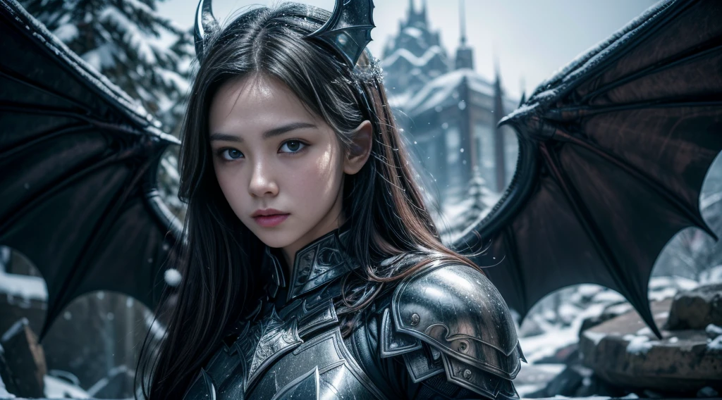 original photo, (best quality:1.3), high resolution, (masterpiece), (lifelike:1.4), Professional photography, Clear focus, High Dynamic Range, 8k resolution, Intricate details, Fine details, Depth of Field, Extremely detailed CG unified 8k wallpaper, masterpiece,poster,best quality,Official Art,(Beauty and aesthetics:1.2),(masterpiece:1.3),Miss,personal,Light Leather Armor,complex pattern,winter,Snow Mountain,Medium distance photography,(midnight),dramatic,Giant bat wings,