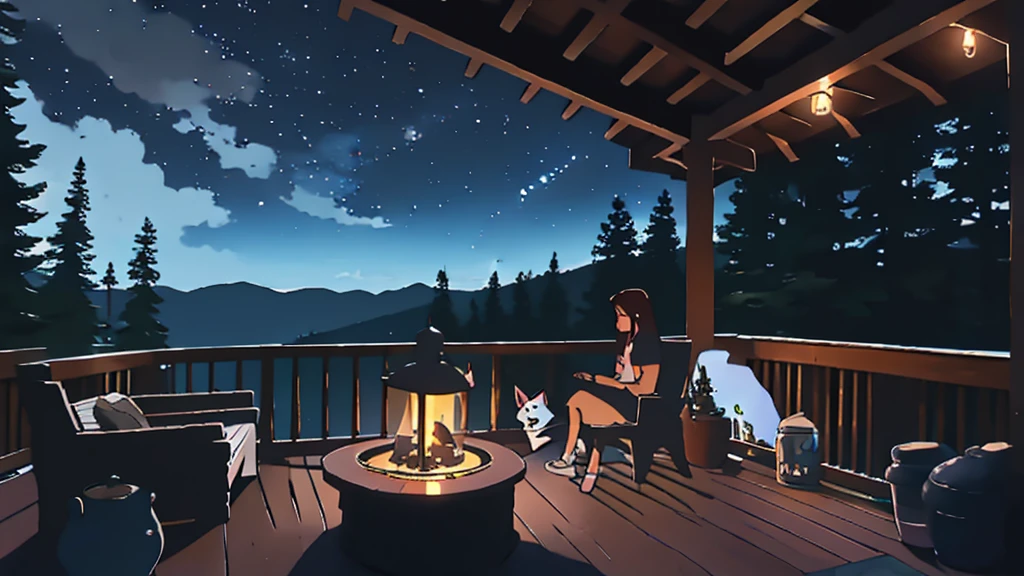 a girl sitting on a porch with a fox, with a view of the night sky