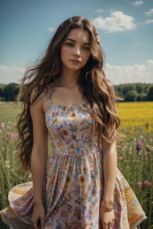 Draw a beautiful girl with long wavy hair wearing a brightly colored dress in a field full of flowers of many colors