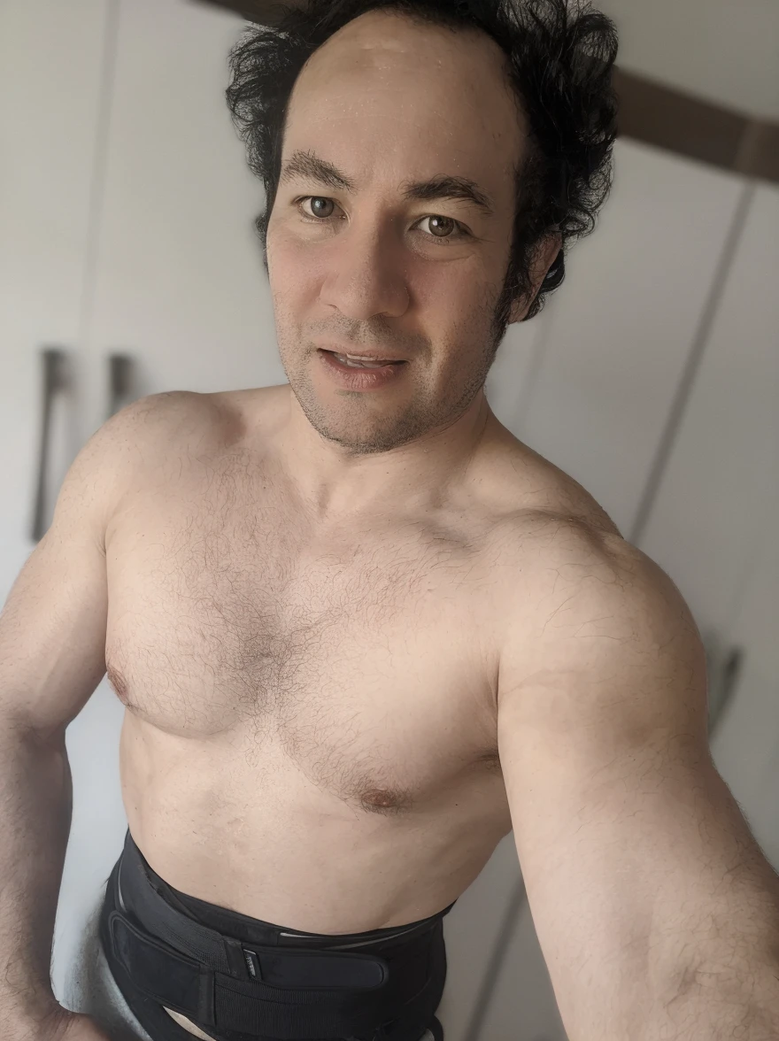 Handsome man , light mustache, hot muscular body , medium curly hair , mirror selfie , 