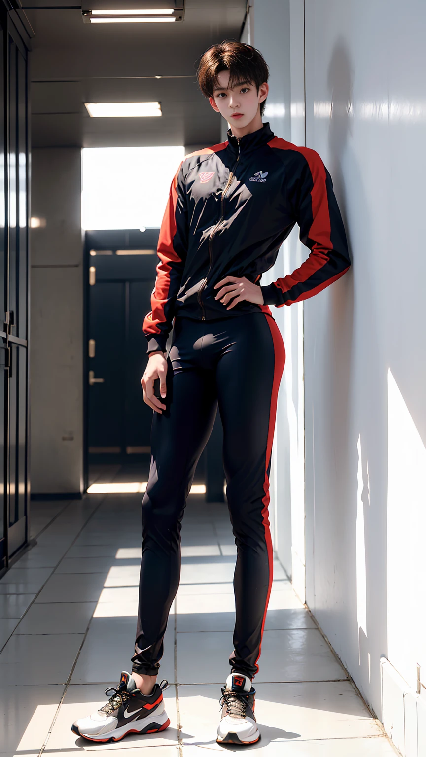 masterpiece,best quality,Front view,Stay away from the camera, (An 18-year-old tall boy:1.2), (Standing upright in the campus corridor:1.2),(Tight one-piece cycling suit),Broad shoulders,Muscular shoulders,(Extremely strong body),Muscular body,Attractive and fit body,Inverted triangle figure,Biceps,Highlight muscle texture, Muscular body,Long and strong legs,sports shoes,Small head,Handsome and cute face,V-Shaped Face,Perfectly detailed facial features,Looking at the camera,Innocent expression,leaning back,head tilt, happy, very short hair, brown hair,(looking at viewer:1.2),Vision