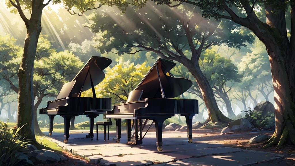 A grand piano placed in front of a large tree、The sunlight filtering through the trees sparkles、Soft Light、There is no one、Only one grand piano、Shinkai Seikaze illustration、A 1000-year-old tree