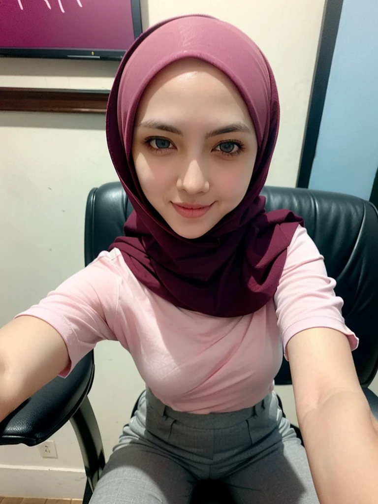 ((Beautiful white islamic girl with a beautiful face with maroon hijab)), beautiful eyes, office suit, she is a secretary, ((long grey fabric pants)), colorful, ((office)), sit down, thight,, bokeh, (hdr:1.4), high contrast, (cinematic, teal and orange:0.85), low saturation,(seductive angle),(full body),(detailed eyes:1.5),((no hair)),(cowboy shot),(glowing skin),(blink),(looking at viewer),(pale skin),(blush:1.2), selfie, medium shot, she is sitting on a chair in office, ((wearing long pink shirt)), ((maroon hijab))