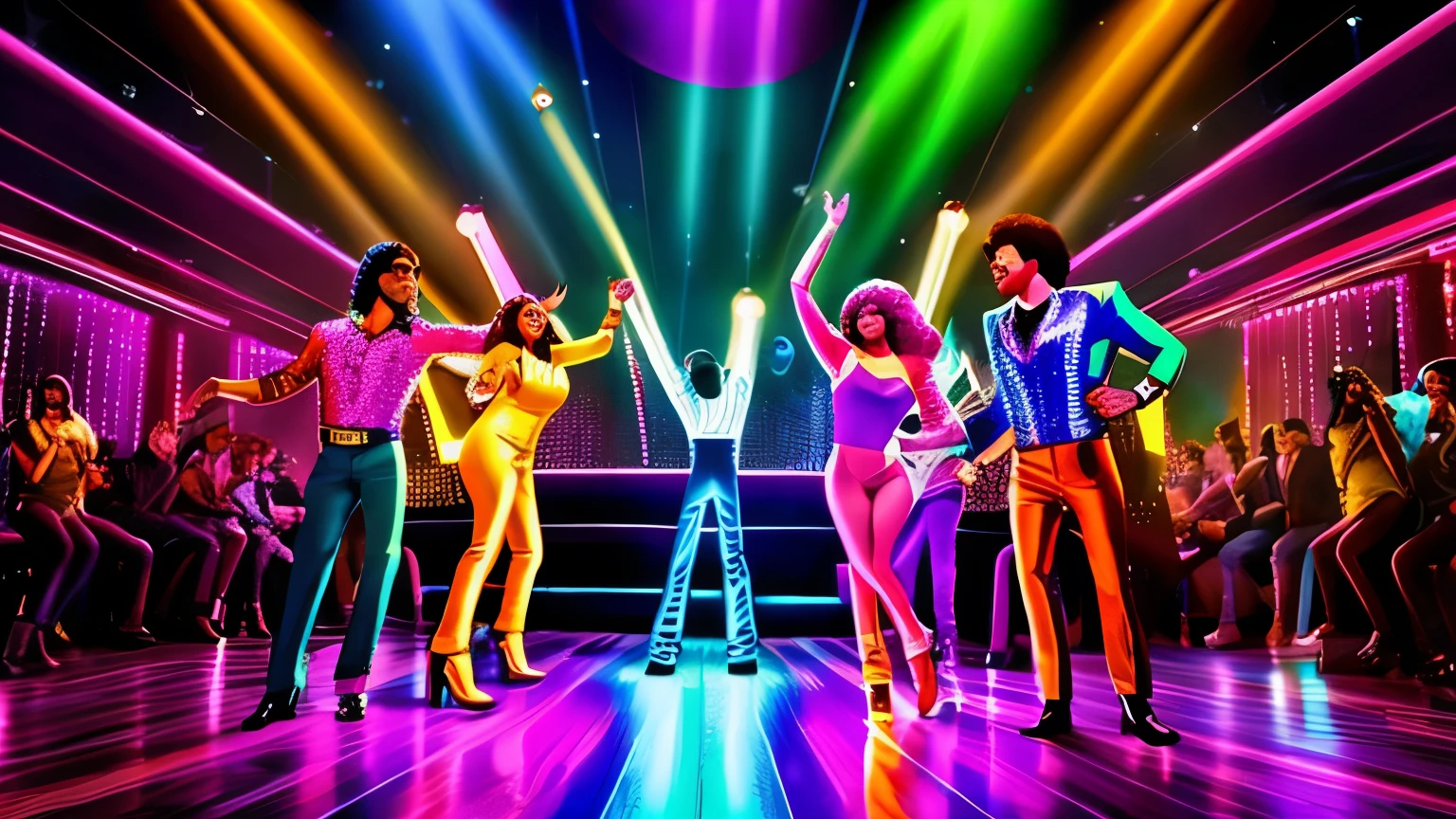 Digitally recreate a vibrant New York nightclub scene during the 1970s, at the height of disco fever. The image must capture the glamor and unique energy of the time, with twinkling lights, mirrored globes reflecting colorful beams of light and a lively atmosphere with people dancing in costumes characteristic of the decade. Include details like illuminated dance floors, exuberant cocktails being served and an electrifying atmosphere that evokes the essence of disco-era nightlife. The scene must be immersive and nostalgic, transporting the viewer to an iconic moment in American pop culture."
