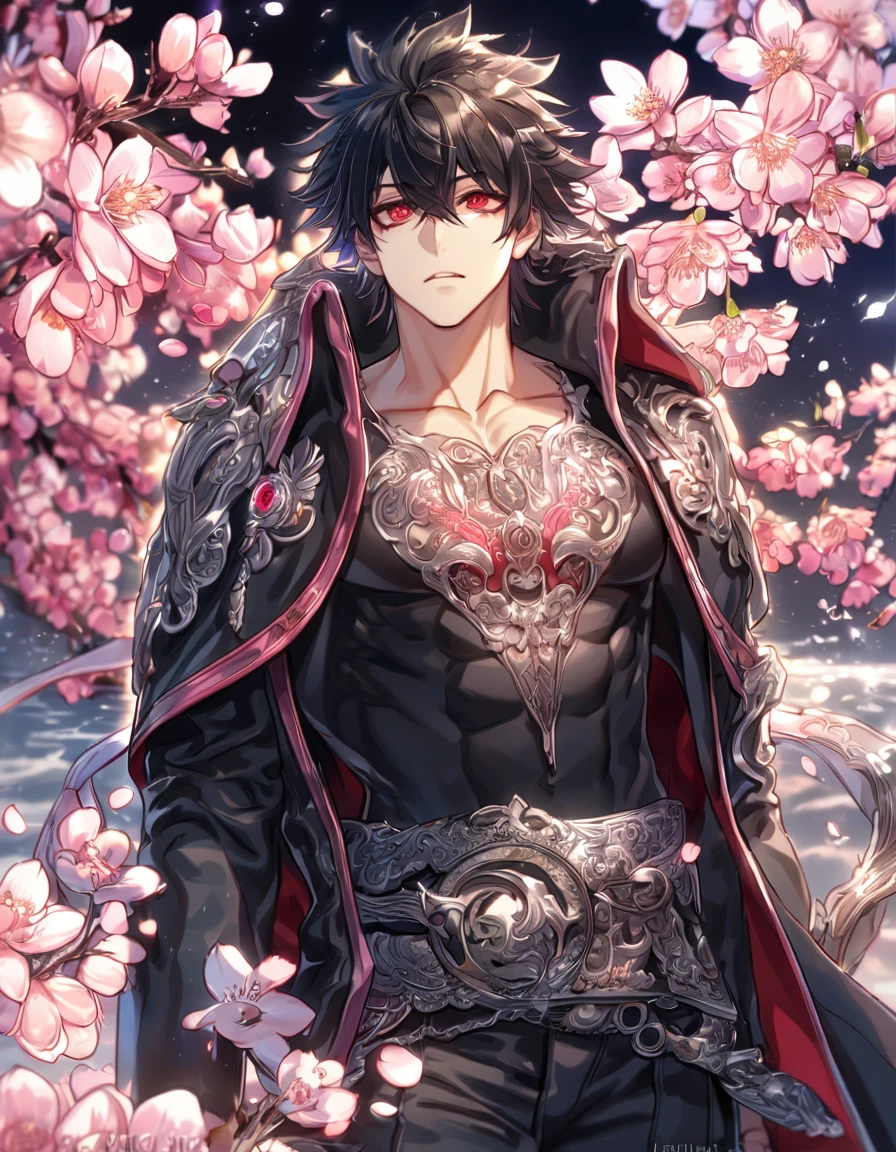 absurdres, highres, ultra detailed, HDR, master piece, best quality, Kaerius, black hair, spiked hair, hair between the eyes, expressive red eyes, Dream and Legacy, solo, sexy man, handsome, toned chest, black coat, black tight T-shirt, belt around his chest, silver accessories, fantasy, shining, water, pink flowers, blossoms, magical, pink petals