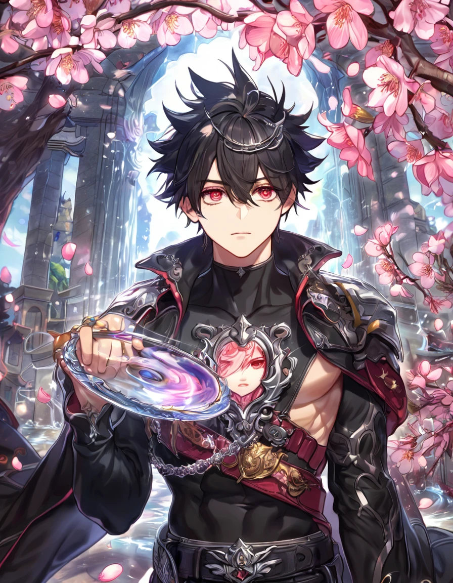 absurdres, highres, ultra detailed, HDR, master piece, best quality, Kaerius, black hair, spiked hair, hair between the eyes, expressive red eyes, Dream and Legacy, solo, sexy man, handsome, toned chest, black coat, black tight T-shirt, belt around his chest, silver accessories, fantasy, shining, water, pink flowers, blossoms, magical, pink petals