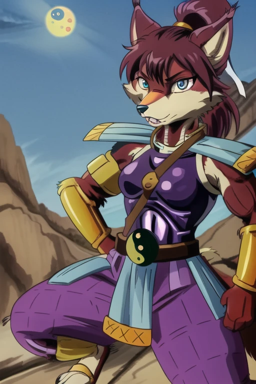 Ninjara_TMNT, fox, furry, solo, crimson fur, crimson body, ponytail, armor, yin yang ,yin yang belt, purple pants, shoulder pads, shoulder armor, steel bracelets, hair tie, blue eyes, best quality, masterpiece 