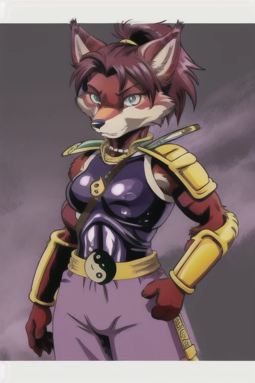 Ninjara_TMNT, fox, furry, solo, crimson fur, crimson body, ponytail, armor, yin yang ,yin yang belt, purple pants, shoulder pads, shoulder armor, steel bracelets, hair tie, blue eyes, best quality, masterpiece 