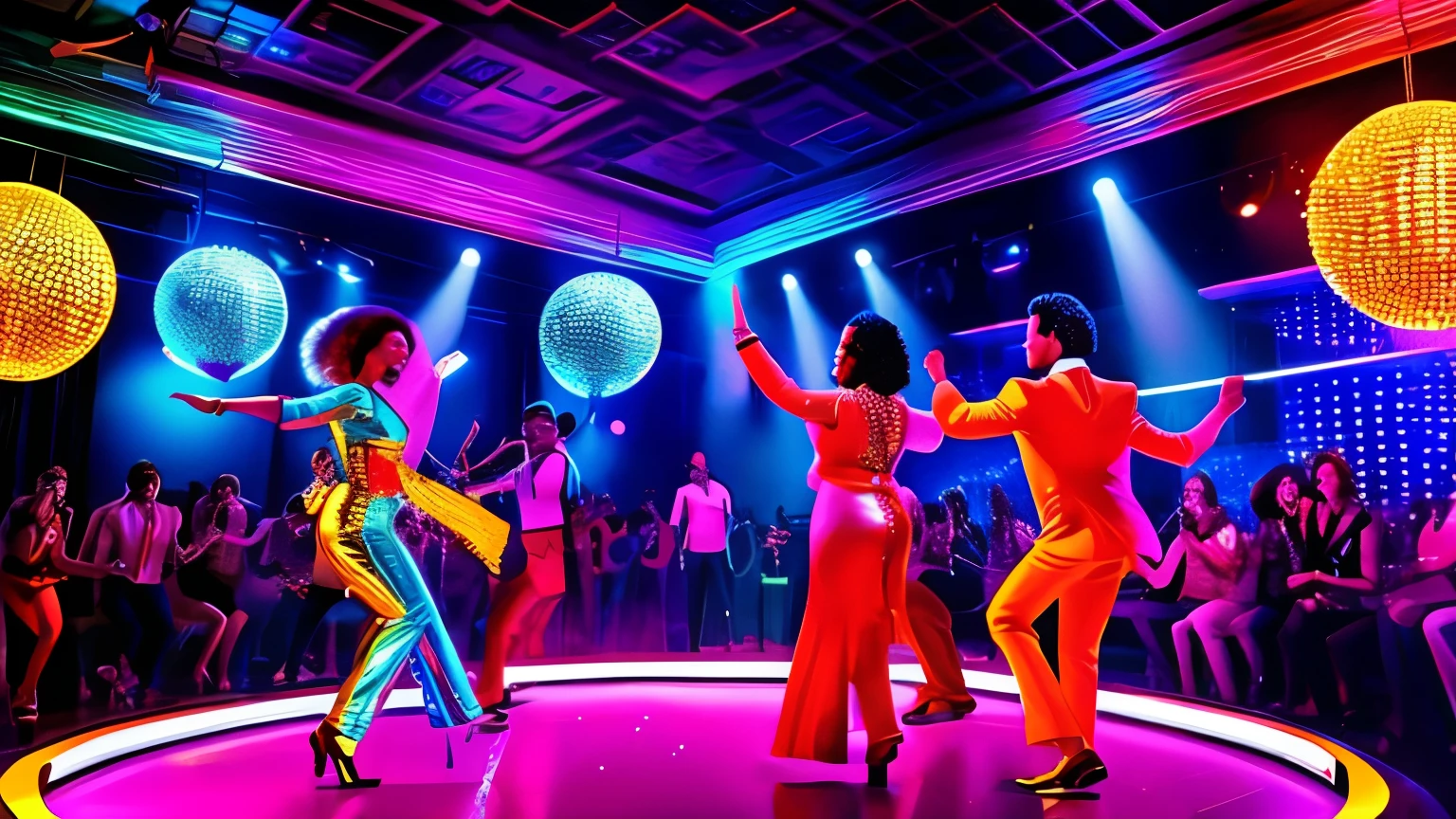 Digitally recreate a vibrant New York nightclub scene during the 1970s, at the height of disco fever. The image must capture the glamor and unique energy of the time, with twinkling lights, mirrored globes reflecting colorful beams of light and a lively atmosphere with people dancing in costumes characteristic of the decade. Include details like illuminated dance floors, exuberant cocktails being served and an electrifying atmosphere that evokes the essence of disco-era nightlife. The scene must be immersive and nostalgic, transporting the viewer to an iconic moment in American pop culture."
