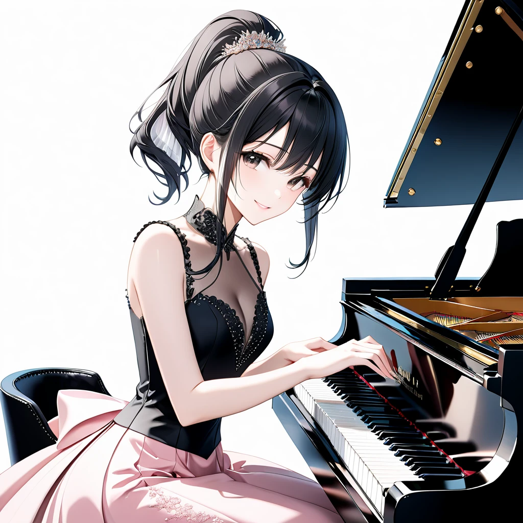 (((White background:1.5)))、(very wide shot)、(masterpiece、Ultra HD、Highest quality、Masterpiece、４K:1.2)、Slender body、Elegant pianist playing the piano、  Intricate details, Highly detailed fingers、Black hair ponytail、Pale pink elegant dress, Intricate details、smile、Frontal face,from the front
