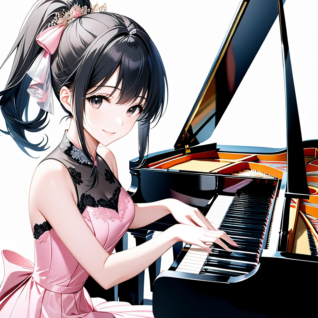 (((White background:1.5)))、(very wide shot)、(masterpiece、Ultra HD、Highest quality、Masterpiece、4K:1.2)、Slender body、Elegant pianist playing the piano、 Intricate details, Highly detailed fingers、Black hair ponytail、Pale pink elegant dress, Intricate details、smile、Frontal face,from the front