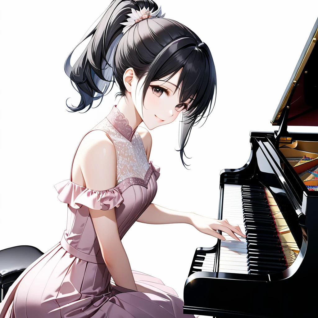 (((White background:1.5)))、(very wide shot)、(masterpiece、Ultra HD、Highest quality、Masterpiece、４K:1.2)、Slender body、Elegant pianist playing the piano、  Intricate details, Highly detailed fingers、Black hair ponytail、Pale pink elegant dress, Intricate details、smile、Frontal face,from the front
