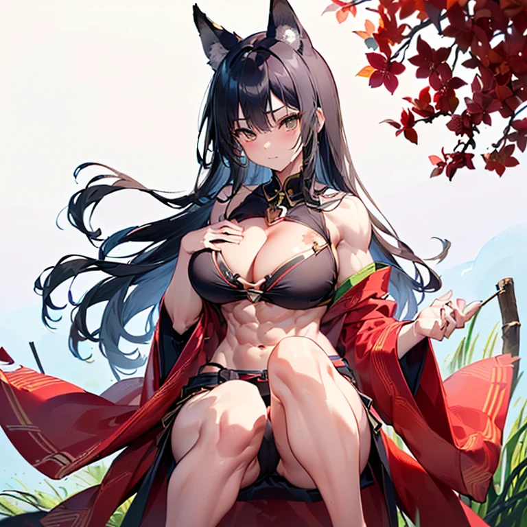 (Fox Girl, Fox Ears, Black colored hair, Fox Makeup, One Girl, Long Hair:1.6), (kimono, Kimono with open chest, A beautiful kimono with red and black patterns, I can see her cleavage, Open chest, Exposed skin:1.8), (Body size is 100-70-90!, Nice body, Big Breasts, Soft breasts, Emphasize cleavage, Knees are slightly visible, Muscular, Abdominal muscles, Grab your own chest:1.9), Avatar, face, lewd face, Dominant representation, naughty face, Uplifting, Skin Texture, outside, Grassy field