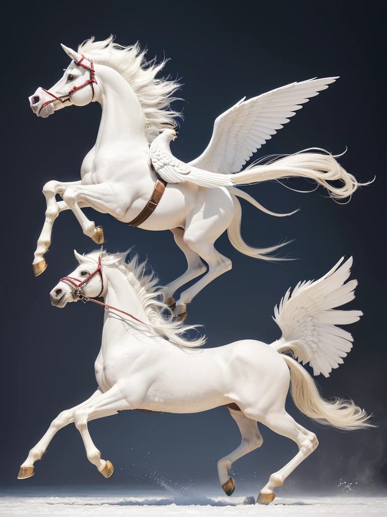 (((Highest quality, masterpiece, Ultra-high resolution, RAW Photos, Very detailed, Perfect Anatomy, Pure White Pegasus,Pegasus has four legs,Pegasus has one head and one neck ,Pegasus has one feather on each side,Pegasus is pure white and has long wings...,Pegasus spreads his wings and is about to take flight:1.5,Full body photo,)))((Highest quality)), Pure White Pegasusが飛び立とうとしている,Genuine,powerful,great