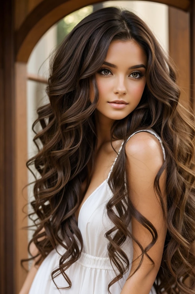 Beautiful brunette woman with long curly hair