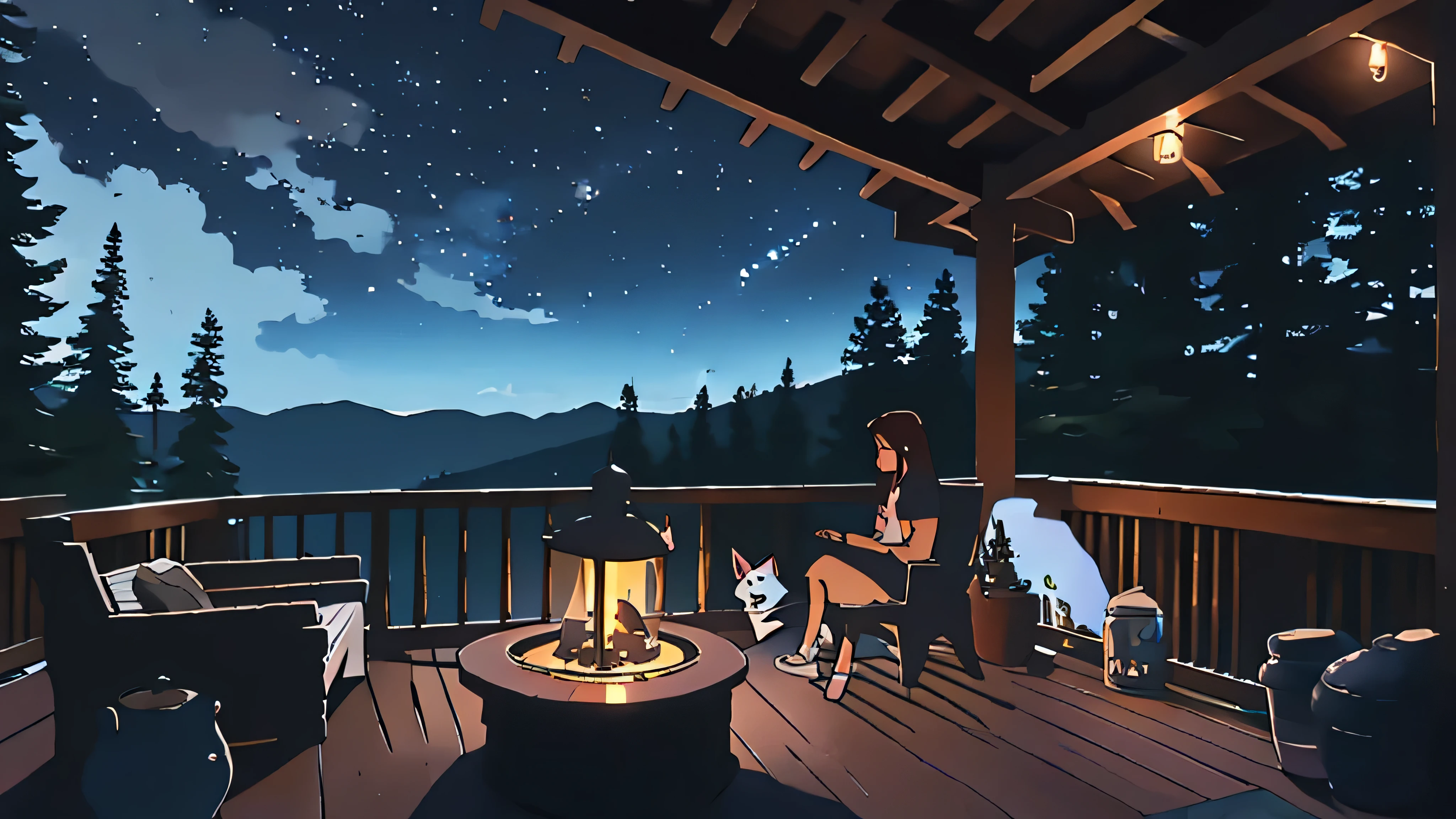 a girl sitting on a porch with a fox, with a view of the night sky