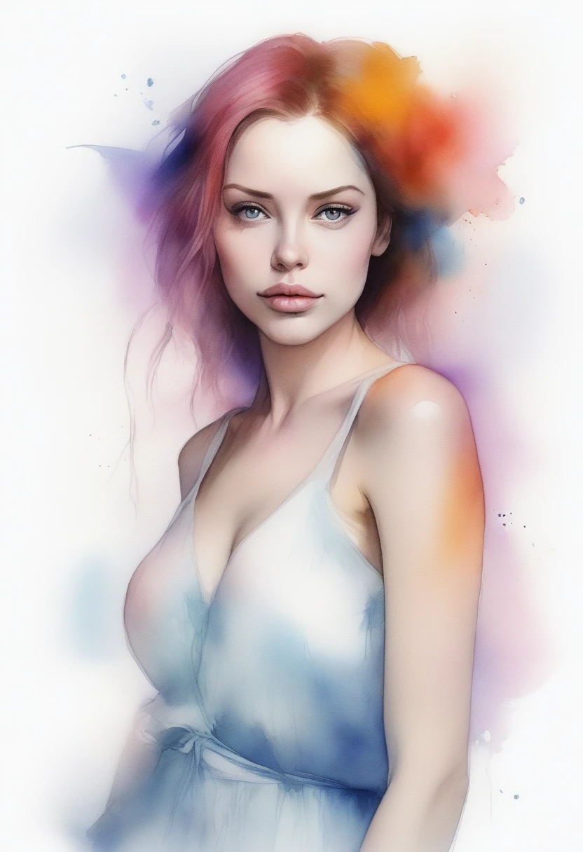 (8k, best quality, masterpiece:1.2),(best quality:1.0), (ultra highres:1.0), watercolor, a beautiful woman, shoulder, hair ribbons, by agnes cecile, half body portrait, extremely luminous bright design, pastel colors, (ink:1.3), autumn lights,