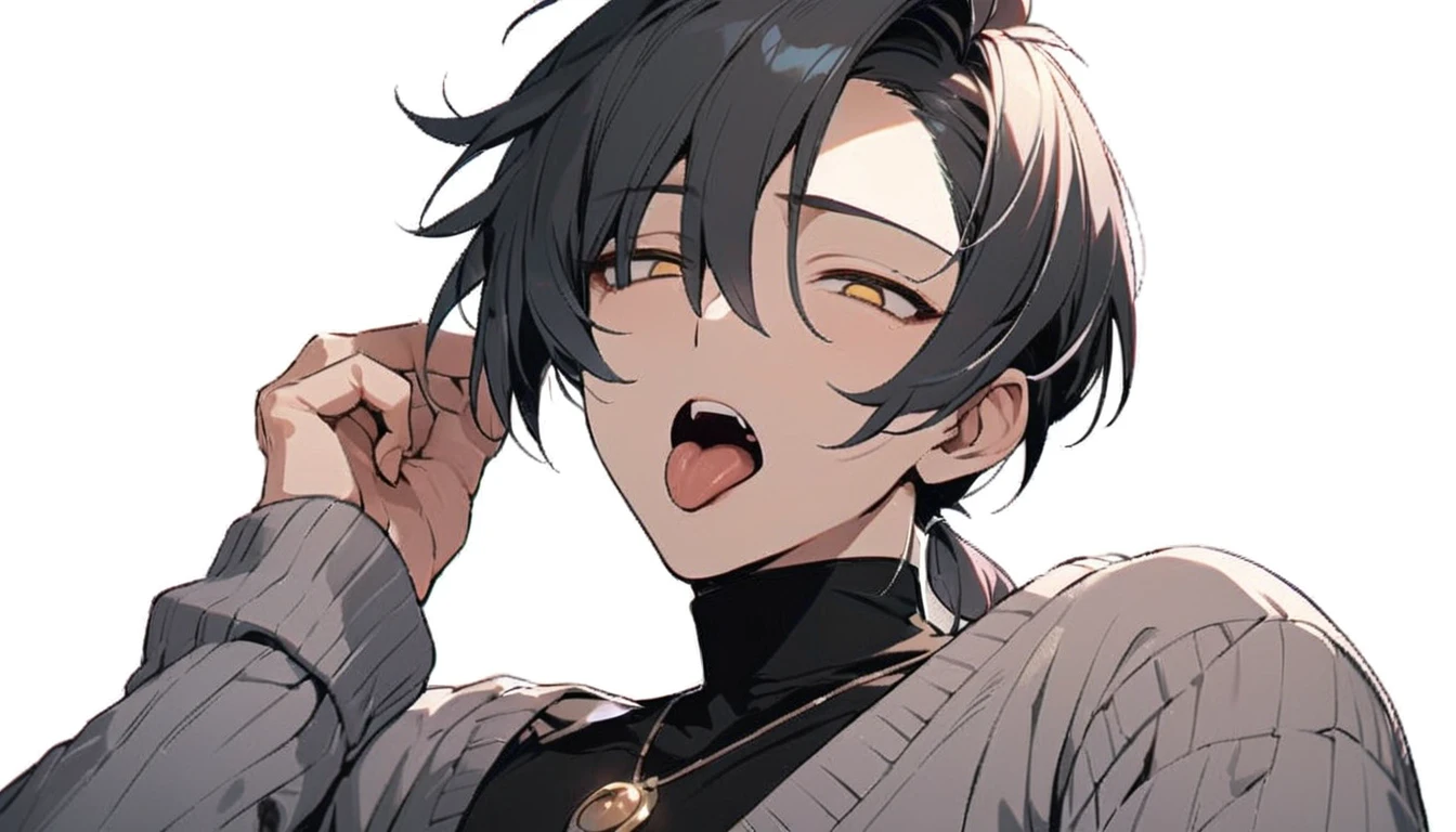 ((((best masterpiece, best quality, wallpaper,)))) solo, guy, male body, small muscles, flat chest, 1male, 30 years old, handsome man, dramatic angle, upper body, looking at viewers, beautiful detailed, tongue out, mediumturquoise hair, ((((Lower short ponytail)))), asymmetrical bangs, ((short hair,)) ((( jitome, gold eyes, ^o^, tareme, droopy eyes,))) (((perfect face, extremely detailed eyes,))) perfect hands, sharp nose, clear face, black turtleneck, grey cardigan, ((silver piercing, pendant,)) leggings, pink background color ultrasharp, 8K, masterpiece,