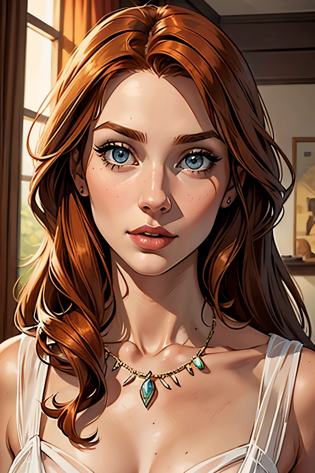 best qualityer, work of art, (realisitic: 1.2), 1 girl, slender girl, ginger hair, eyes browns, 3/4 view, face detailed, gorgeous eyes, eyes gray, breasts small, necklace, see through gown