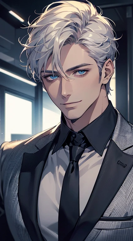 (best quality, masterpiece, 8K, photorealistic, cinematic lighting, hdr image, ultra detailed, beautiful image), 1 man, 31 years old, mature man, very handsome, (without expression, smile), short white hair, blue eyes ( penetrating gaze), perfect face without errors, imposing posture, without errors, businessman, office background