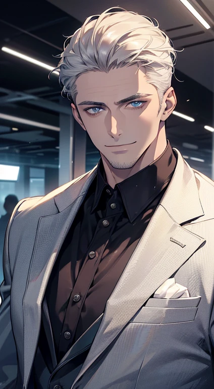(best quality, masterpiece, 8K, photorealistic, cinematic lighting, hdr image, ultra detailed, beautiful image), 1 man, 31 years old, mature man, very handsome, (without expression, smile), short white hair, blue eyes ( penetrating gaze), perfect face without errors, imposing posture, without errors, businessman, office background