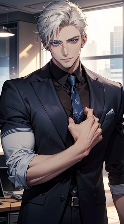 (best quality, masterpiece, 8K, photorealistic, cinematic lighting, hdr image, ultra detailed, beautiful image), 1 man, 31 years old, mature man, very handsome, (without expression, smile), short white hair, blue eyes ( penetrating gaze), perfect face without errors, imposing posture, without errors, businessman, office background