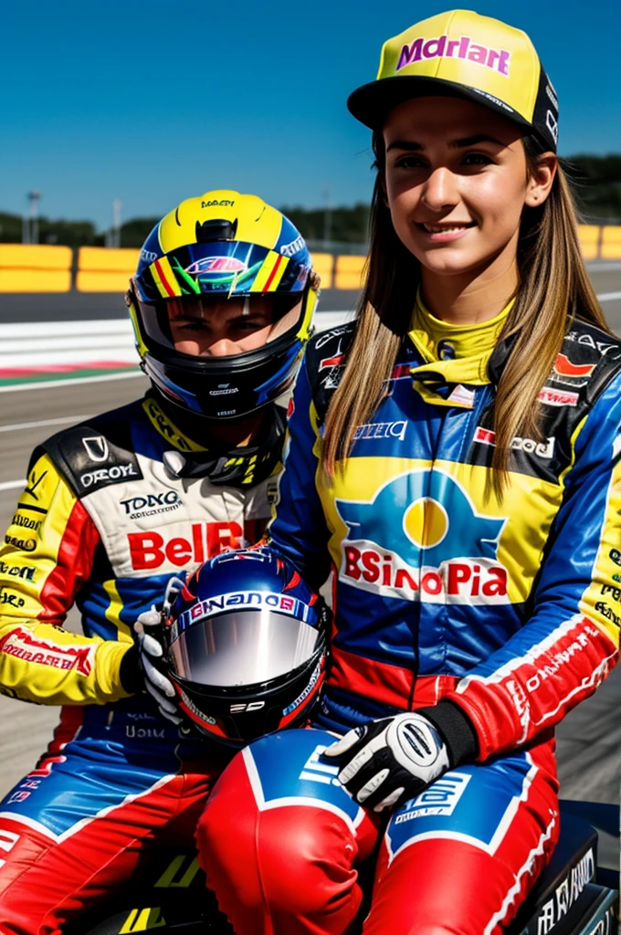 Several ideas of an F1 team that one of its riders is a girl with bright colors that combine