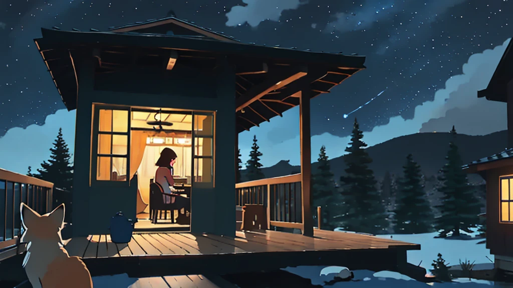 a girl sitting on a porch with a fox, with a view of the night sky