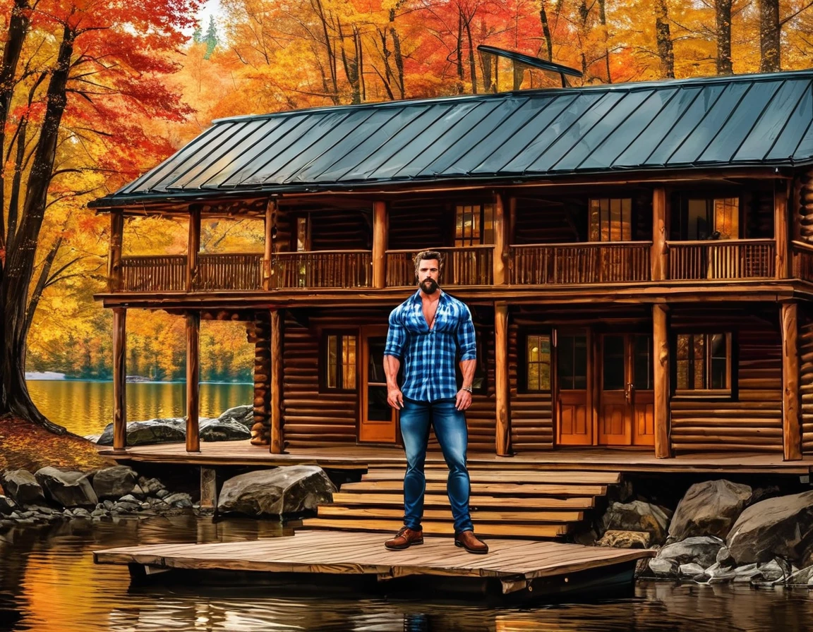 A handsome rugged man with big muscles, short random colored hair, well-manicured beard and mustache and big blue eyes. Wearing blue jeans and a flannel shirt. Chopping wood in front of a luxury log cabin next to a magnificent lake with a boat dock. It is Autumn and the trees are turning bright red, orange and yellow. Style of (Muscle Core:1.6). (Distant full body view:1.5). Hyper realistic photo, vibrant colors, 16k