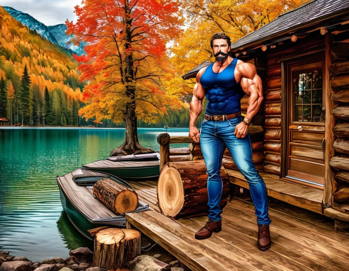 A handsome rugged man with big muscles, short random colored hair, well-manicured beard and mustache and big blue eyes. Wearing blue jeans and a flannel shirt. Chopping wood in front of a luxury log cabin next to a magnificent lake with a boat dock. It is Autumn and the trees are turning bright red, orange and yellow. Style of (Muscle Core:1.6). (Distant full body view:1.5). Hyper realistic photo, vibrant colors, 16k