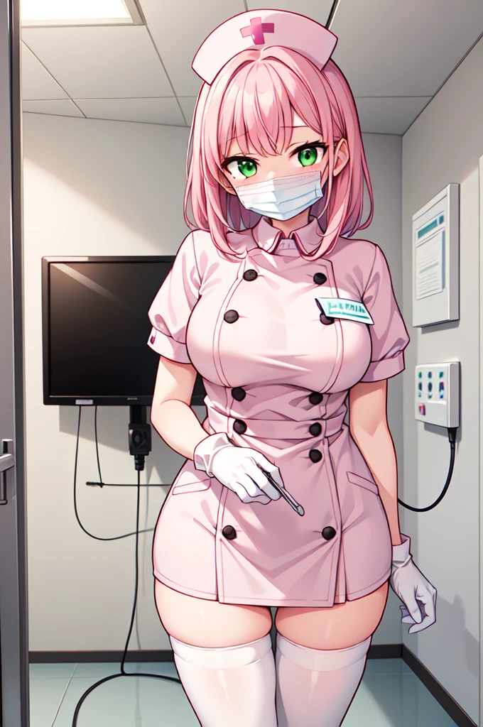 1woman, solo, nurse, white nurse cap, white nurse uniform, ((white legwear, zettai ryouiki)), white gloves, pink hair, green eyes, drooping eyes, ((white surgical mask, covered nose)), standing, ((hospital room)), sharp outline, short sleeves, mature female, 32 years old, best quality, masterpiece
