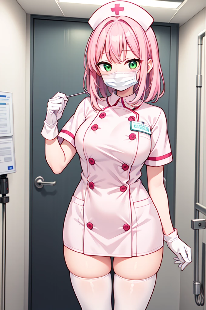 1woman, solo, nurse, white nurse cap, white nurse uniform, ((white legwear, zettai ryouiki)), white gloves, pink hair, green eyes, drooping eyes, ((white surgical mask, covered nose)), standing, ((hospital room)), sharp outline, short sleeves, mature female, 32 years old, best quality, masterpiece