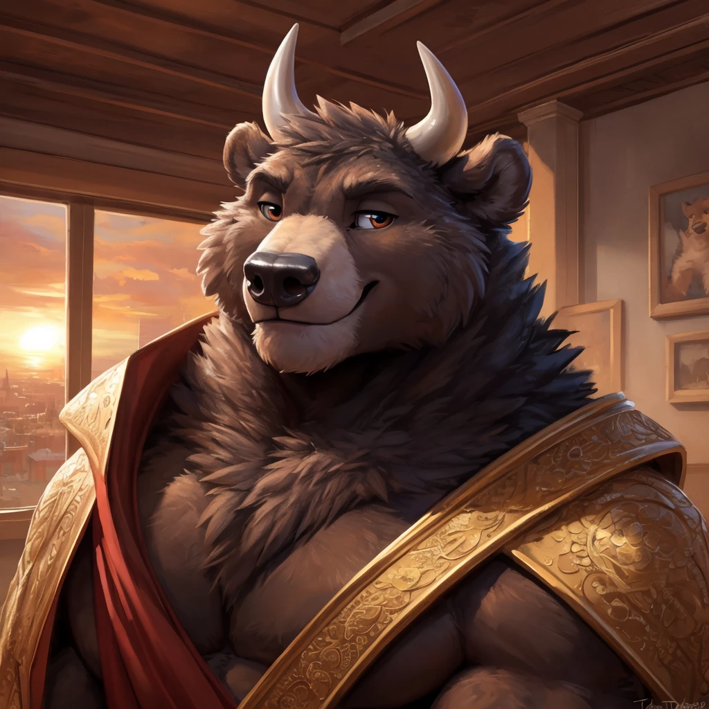 tmasterpiece,best qualtiy,k hd,High-quality textures,High-quality shadows,high detal,realisticlying,cinematric light,Sideslit,lens flare glow,Ray traching,Sharp focus,A bear has a pair of horns(1:1.3),
