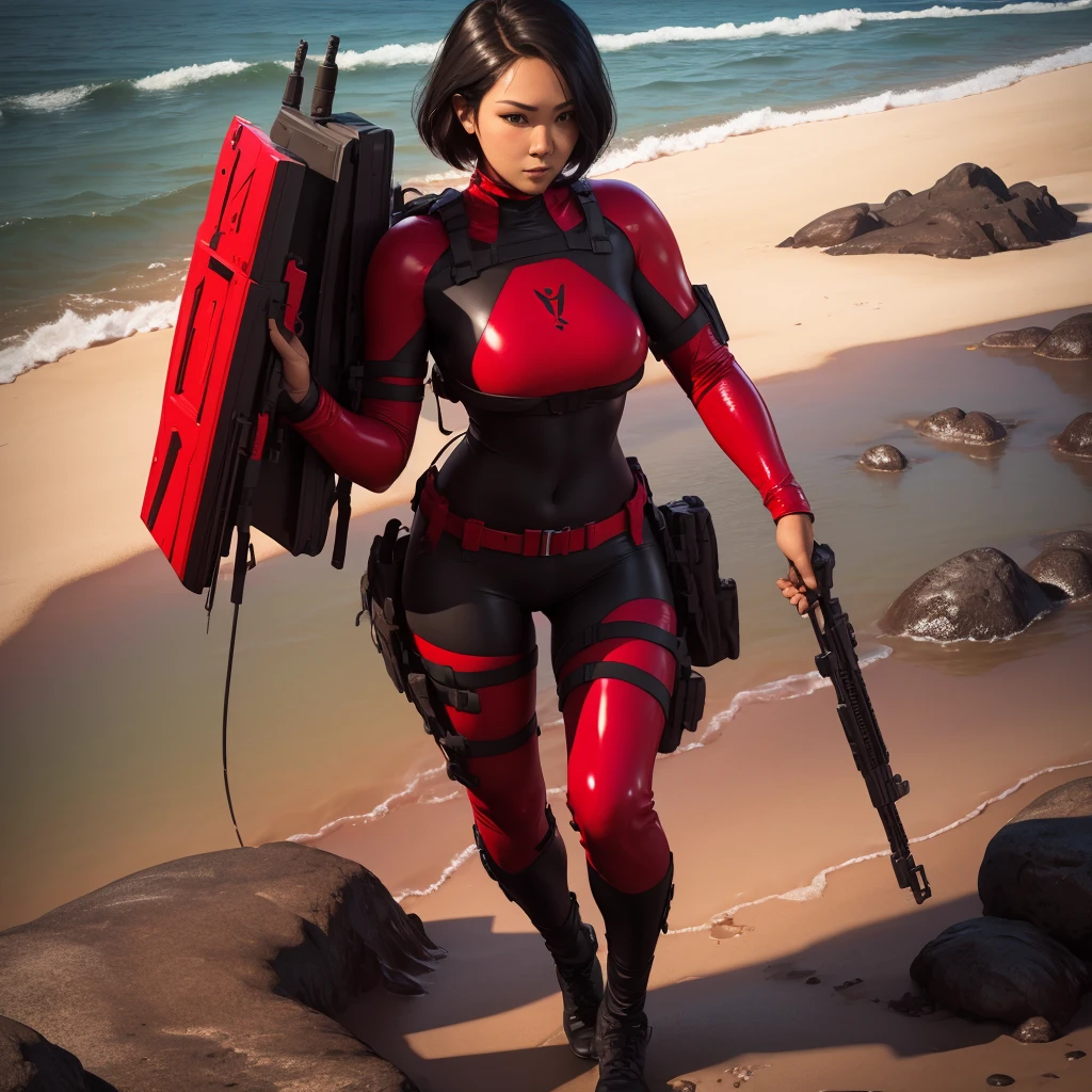 (full body portrait, 1girl, solo, looking at viewer, highly detailed, anatomy correct, from behnd:1.4), domino_operator, red latex bodysuit, black short hair, black gloves, black boots, tactical gear, crossbow in the back, ((Best quality, masterpiece, Very beautiful woman)), Depth-of-field, Multi-layered textures, HDR (High Dynamic Range), Ray Tracing, NVIDIA RTX, Unreal 5, Subsurface scattering, PBR Texturing, Post-processing, Anisotropic Filtering, Maximum clarity and sharpness, Wide aperture, Low ISO, White balance, Rule of thirds, 8K RAW, (extremely slutty), (Highly realistic skin), sharp image, (extremely high quality artwork), (in a shoreline, taken from the distance:1.4),