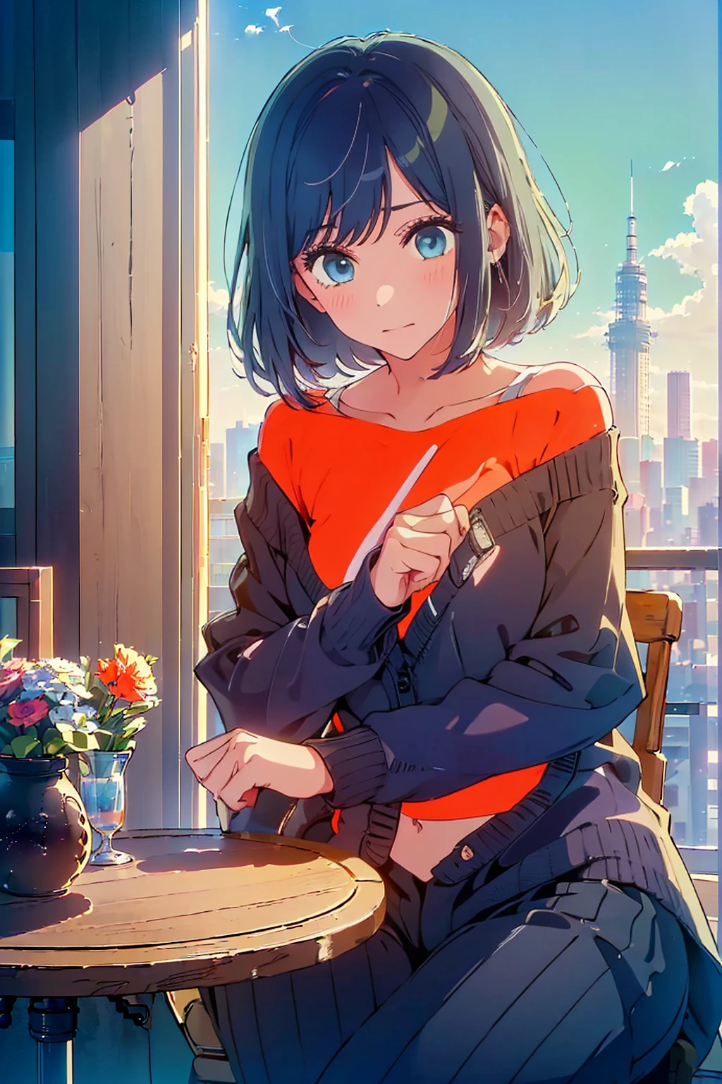 (Highest quality:1.4、masterpiece:1.4、Super detailed:1.4、Ultra-high resolution:1.4、8K:1.4)、Slim body、Big Breasts、((((1 person、Surprised expression、sit、Chair、In the background are the urban buildings of Tokyo、looking at the camera、coastal、Outdoor café terrace、juice、Get up close and take a photo、table、Very cute face))))、((((nude、very beautiful areola))))、(Pose with hands tucked behind ears:1.4、Cheek resting on hand:1.4)、(((Black off-the-shoulder cardigan)))、valley、Very blue sky、A completely cloudless sky