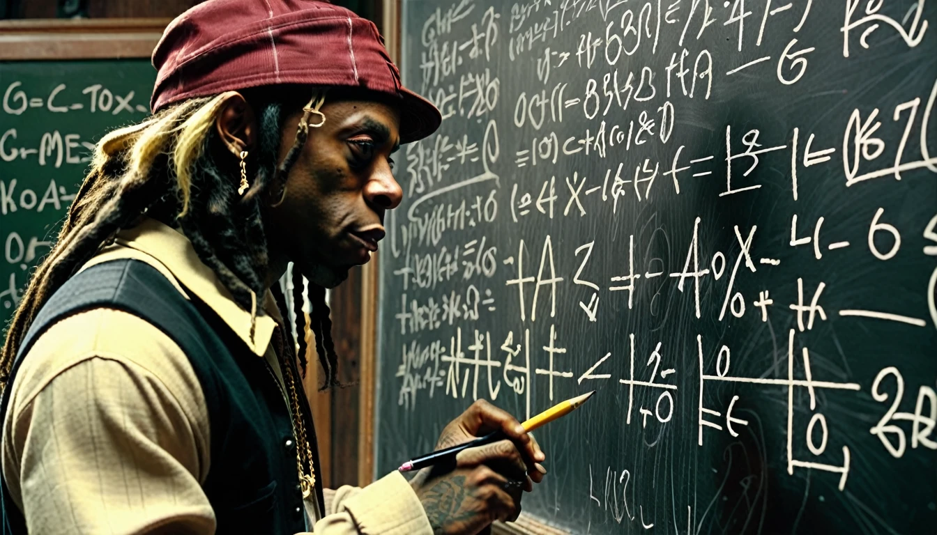 1970s, "Lil Wayne" writing mathematical equations on a chalkboard, he is wearing gangster attire, cinematic action, atmospheric perspective, depth of field, textured skin, super detail,