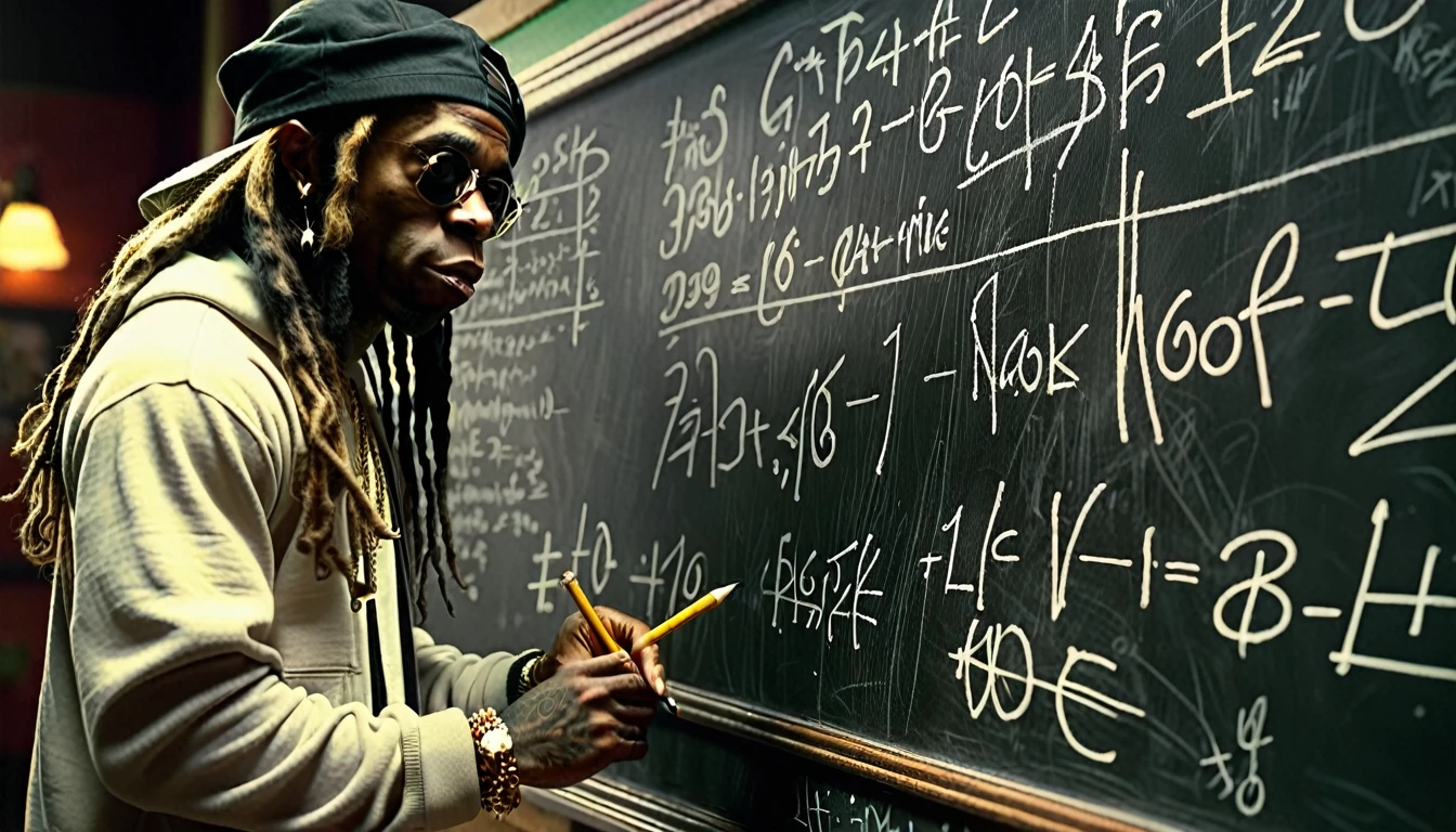 1970s, "Lil Wayne" writing mathematical equations on a chalkboard, he is wearing gangster attire, cinematic action, atmospheric perspective, depth of field, textured skin, super detail,
