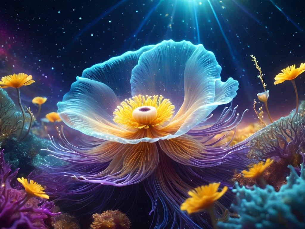 a group of anemonae of ((transparent))skin, swirls In the vast and colorful universe, the hippocampus is translucent and it's Ethereal body formed by glowing stars and bright Golden cosmic dust, the Hippocampus travels on sunflares fire of a near sun flares, this ultra detailed sharp digital illustration, depicts an Ethereal an galactic atmosphere, surreal and fantastic, 4k, bioluminiscent, other wordly, synthwave, long shot, wide angle,