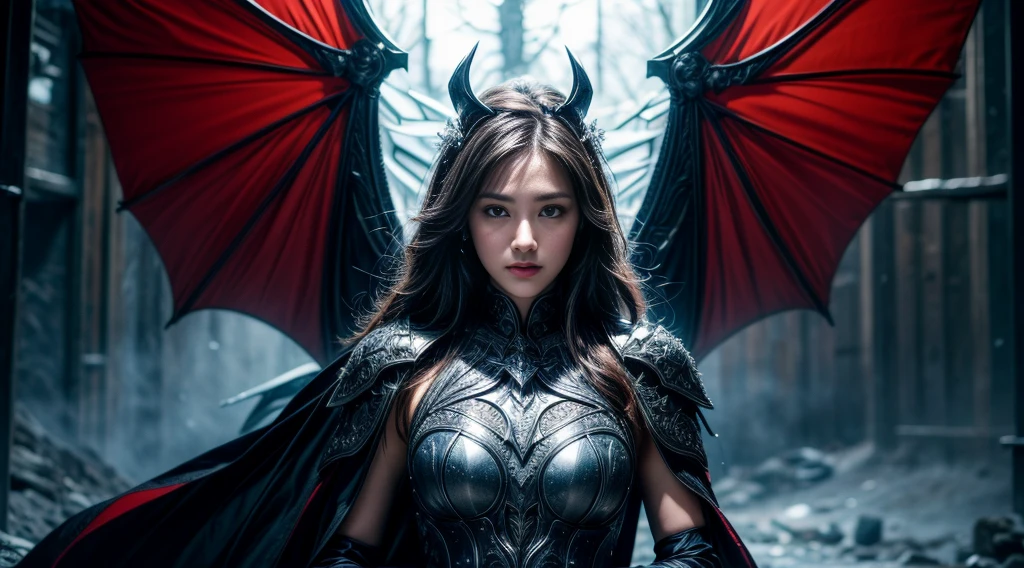 original photo, (best quality:1.3), high resolution, (masterpiece), (lifelike:1.4), Professional photography, Clear focus, High Dynamic Range, 8k resolution, Intricate details, Fine details, Depth of Field, Extremely detailed CG unified 8k wallpaper, masterpiece,poster,best quality,Official Art,(Beauty and aesthetics:1.2),(masterpiece:1.3),Miss,personal,Light Leather Armor,complex pattern,winter,Snow Mountain,Medium distance photography,(midnight),dramatic,Giant bat wings,