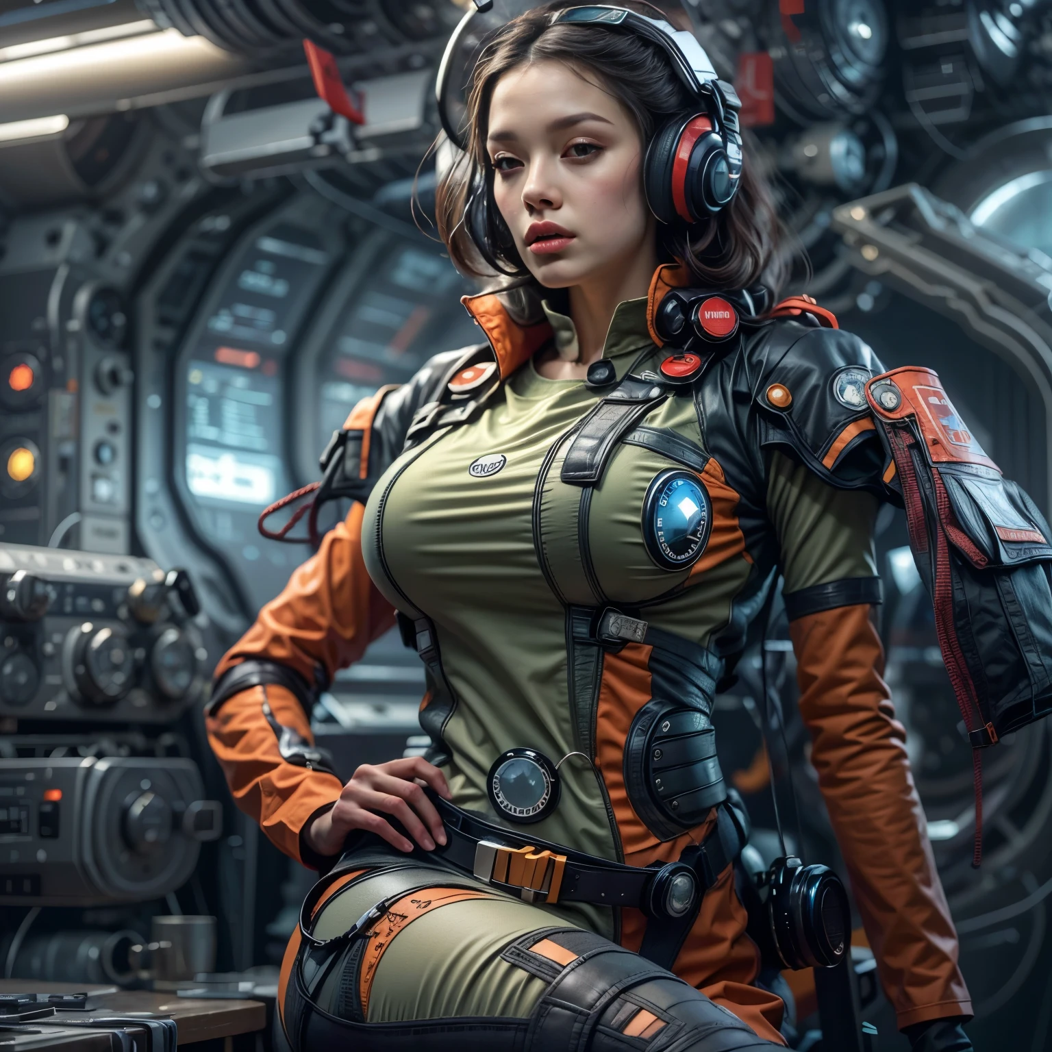 Beautiful and sophisticated woman in tight clothing, Erotic and form-fitting pilot suit、巨大Mechaのパイロット、背景は巨大Mechaの工場、Very sophisticated、Realistic、8K、Cinema Lighting、Intricate details、Dramatic composition、Dynamic pose、Vibrant colors、sf、Mecha、Concept Art