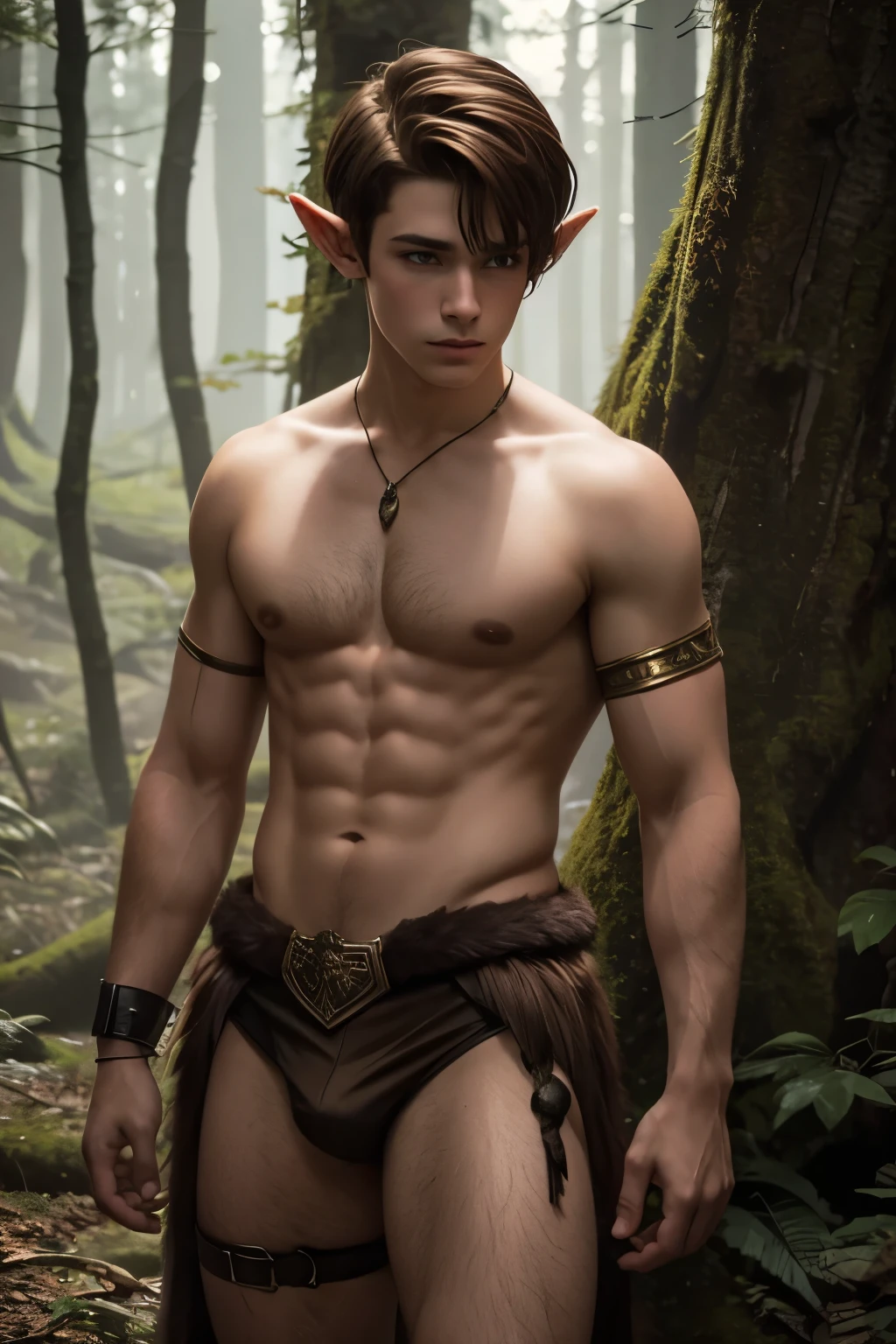 beautiful wild elf teen wearing fur jockstrap, very short brown hair with undercut, dark fantasy forest